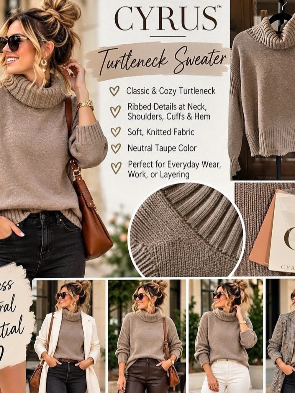 CYRUS Ribbed Turtleneck Pullover Sweater Brown